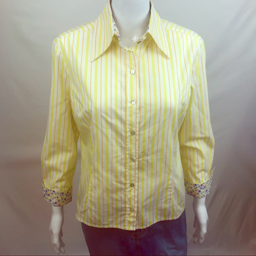 VTG Fourty's Shirt Button Down Stripe Large Contrast Cuffs Floral Yellow Preppy